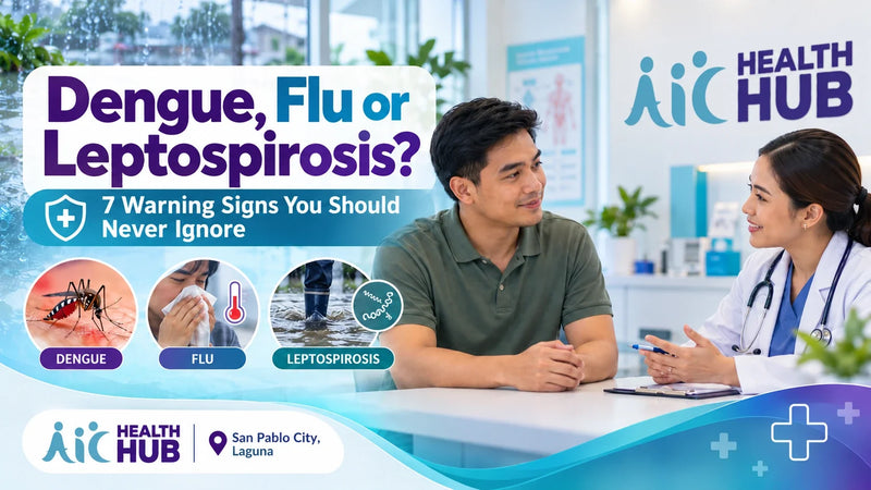 Healthcare professional assessing a patient with fever and discussing dengue, influenza, and leptospirosis warning signs at a medical clinic in San Pablo City, Laguna.